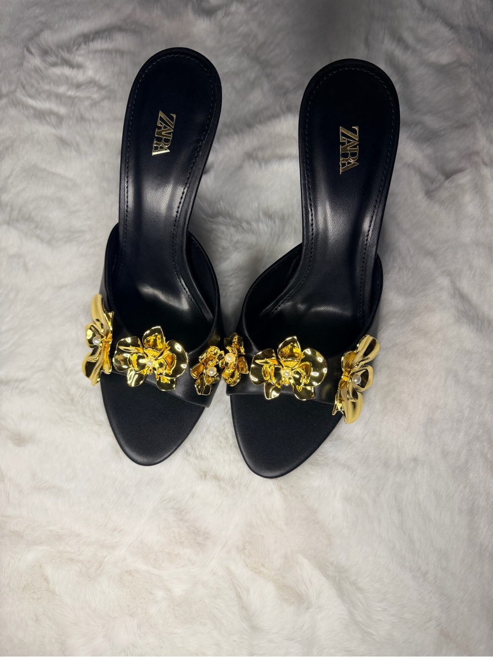 Zara Black Slide Heels with Gold Floral Accents